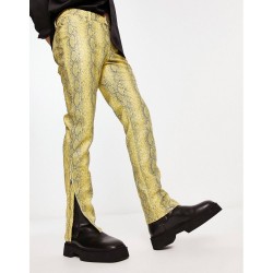 skinny leather-look pants in yellow snake print with zip detail