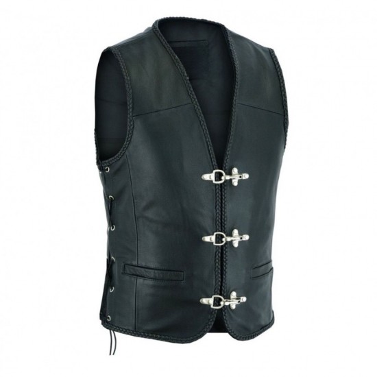 Plain Mens Leather Waistcoat Motorcycle Biker Vest Black with Hooks